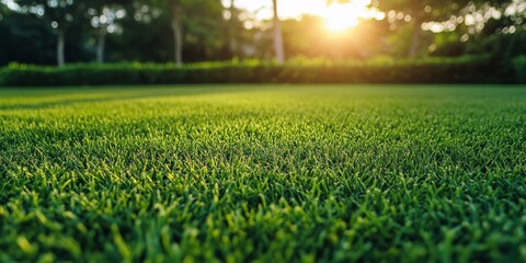 Lush green lawn bathed in morning light showcases the beauty of a green lawn, inviting tranquility and peace to start the day in this serene green lawn setting.