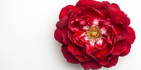 Close up of a red damask rose flower Rosa damascena prominently displayed against a white background, showcasing the beauty and intricate details of the damask rose flower.
