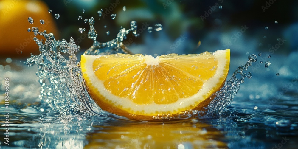 Poster vibrant splash of water cascading from a lemon slice creates a stunning visual. this beautiful lemon