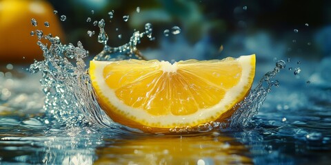 Vibrant splash of water cascading from a lemon slice creates a stunning visual. This beautiful lemon splash captures the refreshing essence of citrus and water in a delightful moment.