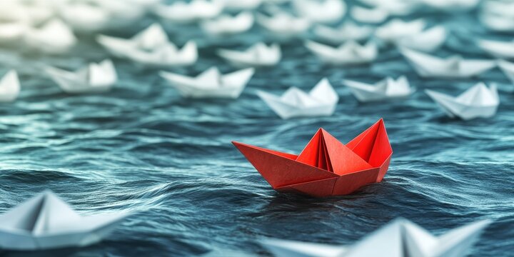 Leadership concept illustrated by a red paper ship navigating through a sea of white ships, symbolizing the essence of leadership in guiding and inspiring others.