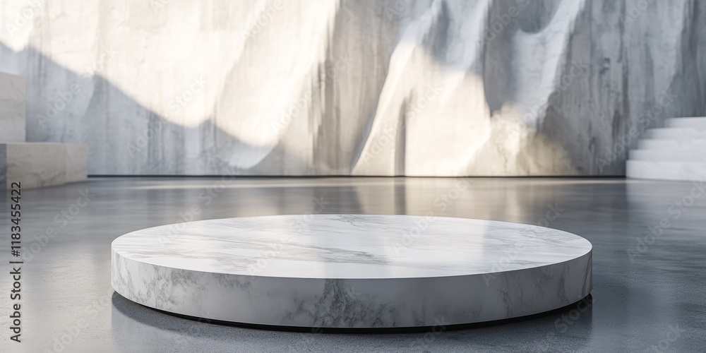 Poster a round tabletop made of white marble sits in the foreground, with a scene behind it that is slightl