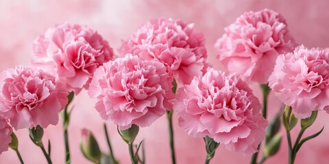 Obraz premium Pink carnations create a beautiful bouquet, perfect for a holiday greeting. This design features a stunning carnation bouquet set against a soft pink background, highlighting the elegance of pink