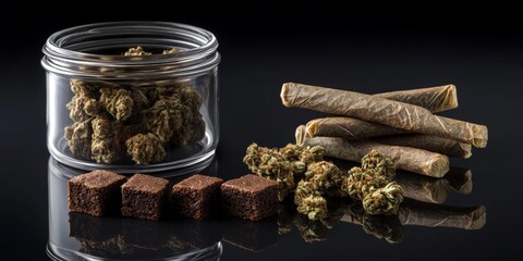 Pre roll cannabis joints and cake brownies arranged alongside curing cannabis buds in a clear glass jar, all displayed on a sleek black background for a striking visual appeal.