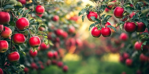 Red apples await picking in a lush orchard, showcasing trees adorned with vibrant red apples. Enjoy the beauty of these trees filled with ripe red apples, perfect for harvest.
