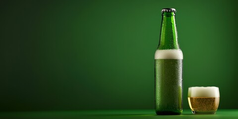 Chilled green bottle with condensation alongside a glass of lager beer on a vibrant green background, showcasing the refreshing qualities of this delightful lager beer.
