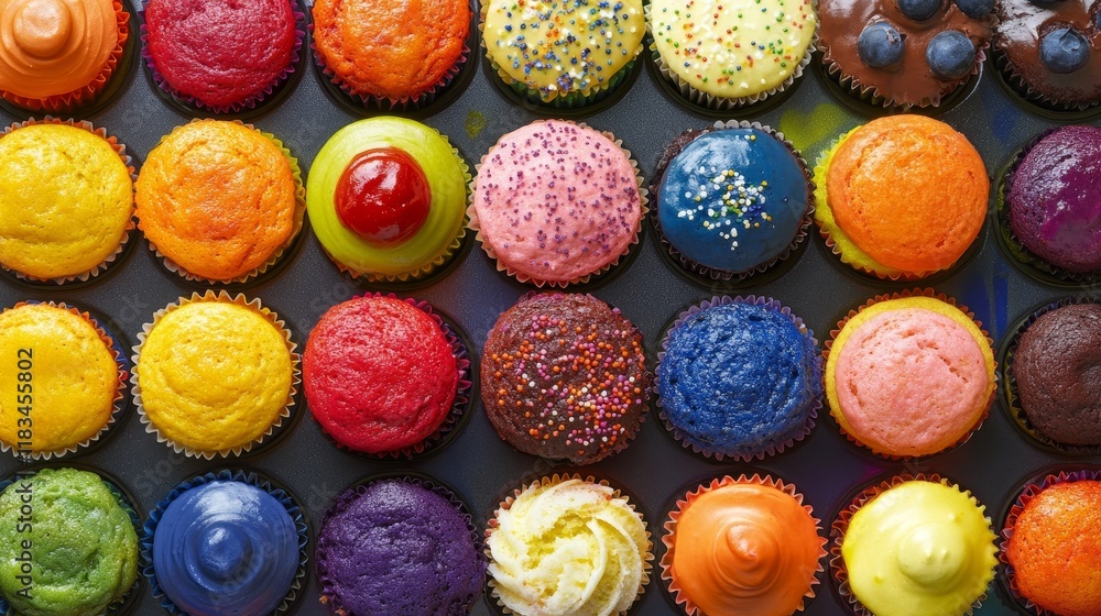 Poster vibrant muffins in an array of colors create a delightful display of colourful vertigo, capturing th