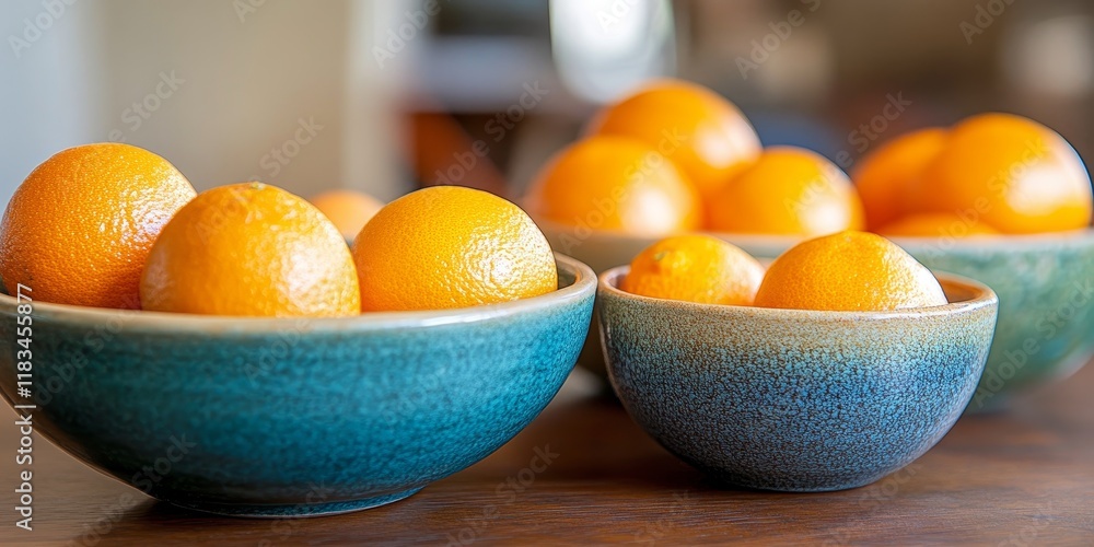 Poster Oranges are artfully arranged in each bowl, showcasing the vibrant colors and textures of the oranges, creating an appealing display that highlights the freshness of the oranges.
