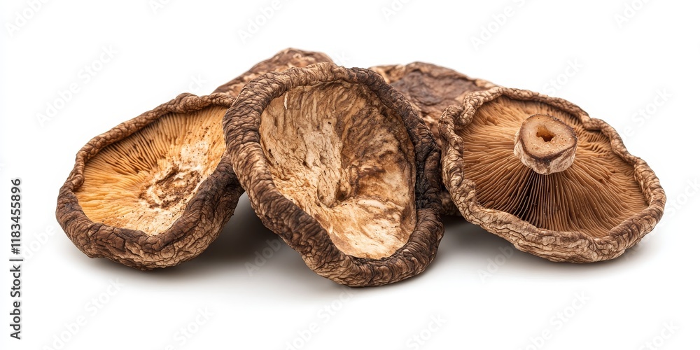 Aufkleber dried shiitake mushrooms displayed against a white background, showcasing the unique texture and col