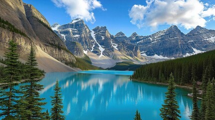 Lake surrounded by lush green pine trees and snow capped mountains 