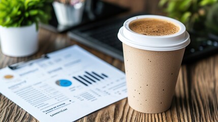 Coffee cup and business report on wooden desk.