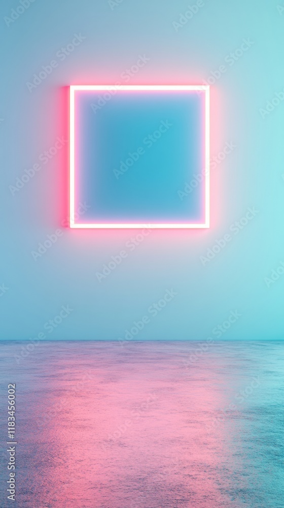 Poster neon glow minimalist wall art with reflective surface in soft ambient light