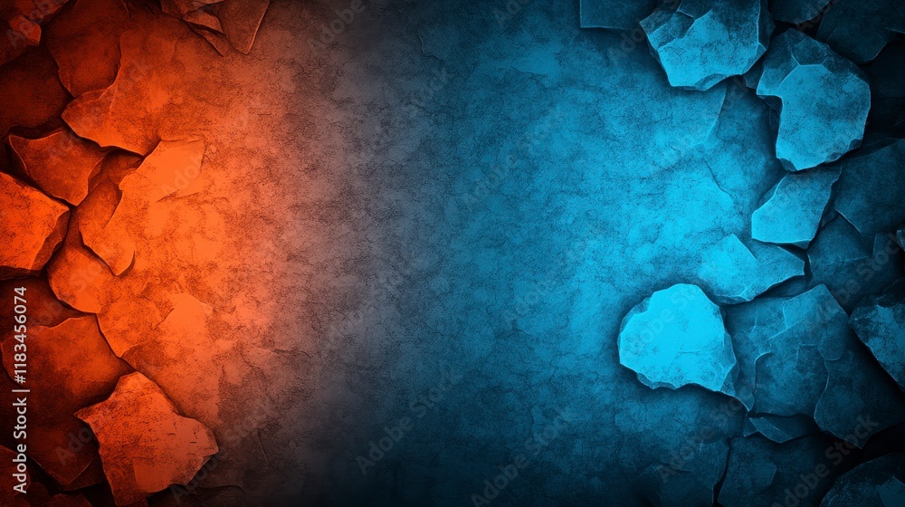 Poster a dramatic split of texture and color with red and blue rocky surfaces creating a striking visual co