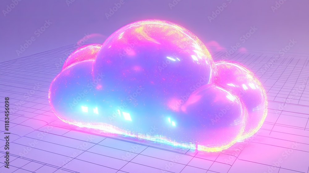 Poster abstract 3d-rendered cloud icon with glowing digital patterns, set against a white grid background. 