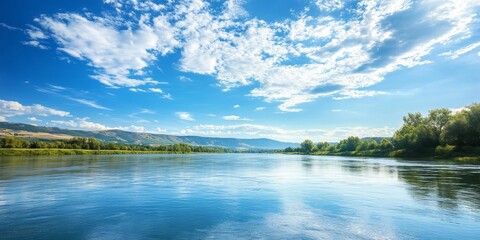 Obraz premium Scenic river view featuring an expansive open sky. The clean, blue sky harmonizes beautifully with the river, creating a charming image that showcases the captivating combination of river and sky.