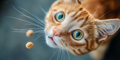Close up of an adorable cat attempting to catch a crunchy treat. This funny kitty enjoys playing with crunchy snacks. Stimulating games with crunchy treats keep cats engaged and entertained.