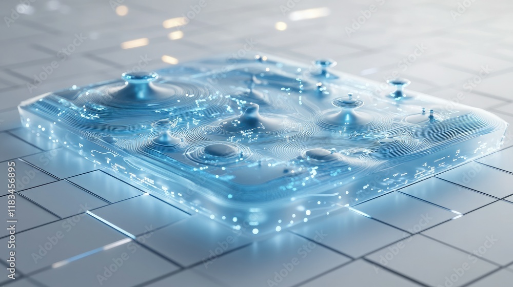 Poster abstract blue computer hologram with intricate circuits and glowing details on a clean white grid ba