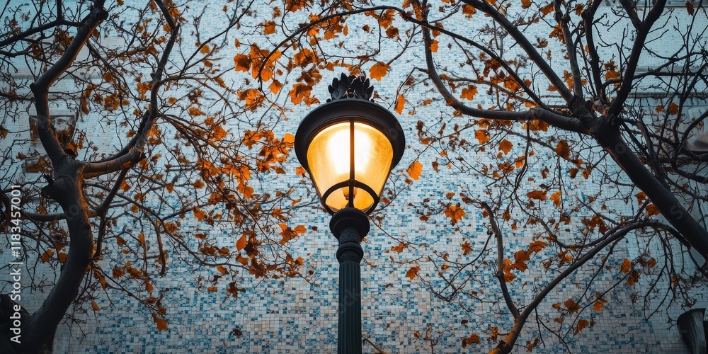 Poster street lamp surrounded by tree branches and a building showcasing an intricate tiled pattern, highli