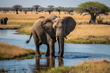 Obraz premium Africa, Botswana, Chobe National Park, African Elephant (Loxodonta Africana) stands at edge of water hole in Savuti Marsh
