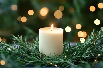Lit candle, rosemary, bokeh lights, festive scene, holiday card