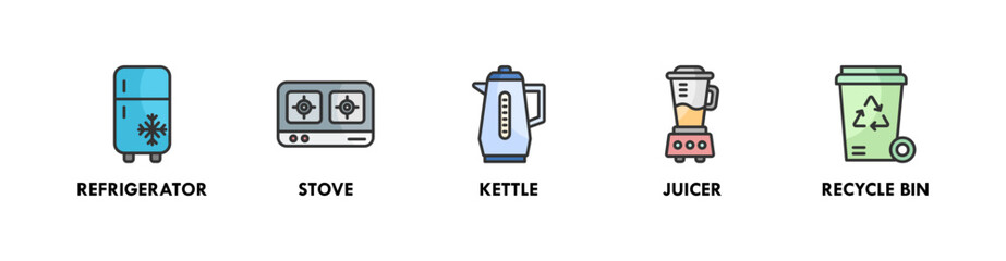 Kitchen Set banner web icon illustration concept with icon of refrigerator, stove, kettle, juicer, and recycling bin
