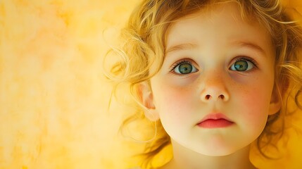 A child with a sad, downturned mouth and eyes full of emotion, against a soft yellow background