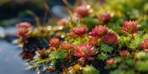 Close up view of Bagulnik marsh Ledum palustre , showcasing the intricate details and textures of this unique plant, emphasizing its natural beauty and distinctive characteristics.