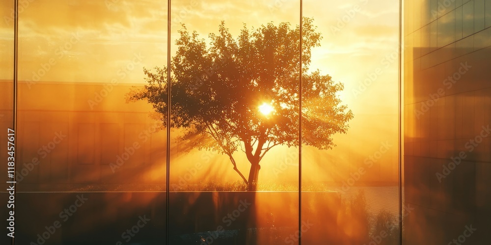 Poster reflection of a shadow tree in a mirror during sunset, with sunlight streaming through a glass windo