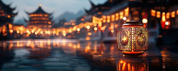 Obraz premium Chinese new year fortune idea. A beautifully lit lantern reflecting on the water in a serene traditional setting.