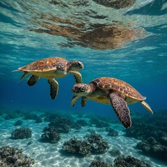 Obraz premium Sea turtles swimming near the island's shore in the crystal-clear water.