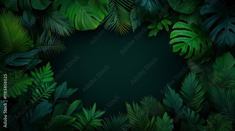 Poster lush green foliage creating a natural frame with a dark background ideal for text and design project