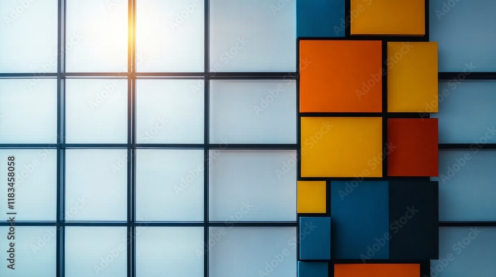 Poster modern abstract design featuring colorful geometric shapes on a contemporary grid-patterned wall set