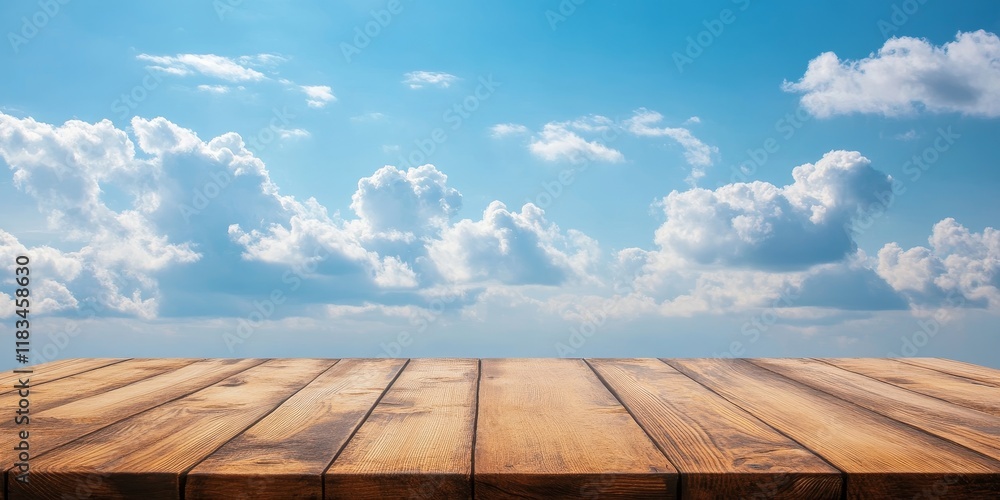 Poster a wooden table is positioned against a backdrop of blue skies and clouds, creating an empty space id