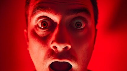 Obraz premium A man with a look of fear, eyes wide, and mouth open slightly, set against a solid red backdrop