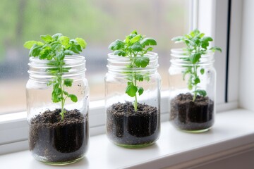 Three small plants in jars on a windowsill with soil, showcasing indoor gardening and green living.