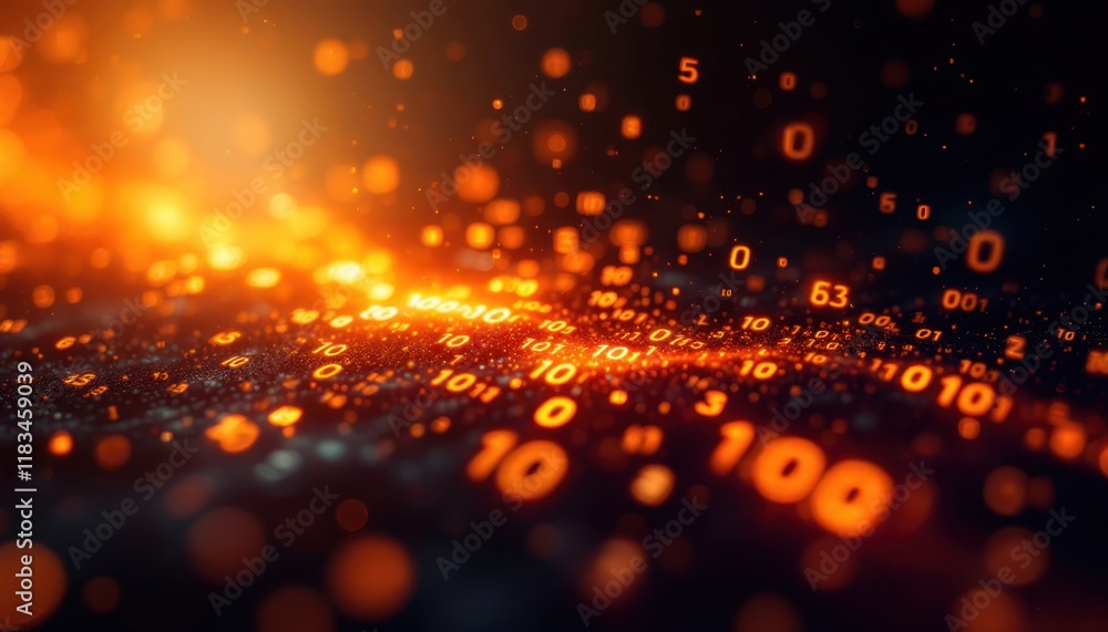 Poster abstract digital binary code background with glowing orange lights