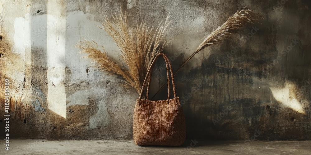 Poster a bohemian inspired background showcases a mockup of a bag, characterized by a simple and minimalist