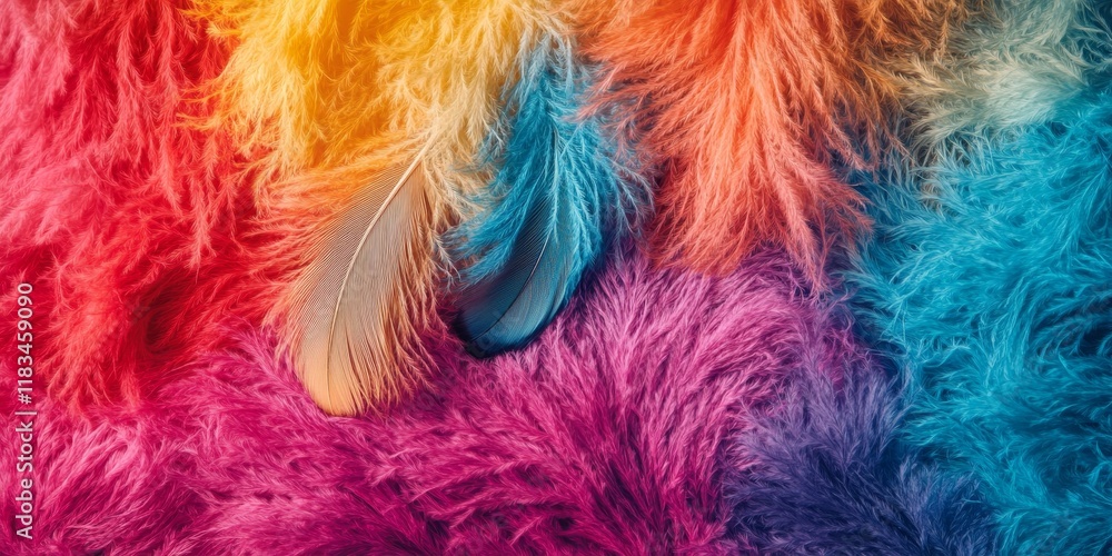 Poster vibrant decorative knitting featuring feathers atop a fluffy surface, creating an ideal presentation