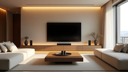 A modern living room with AI-powered gadgets like smart speakers and lights