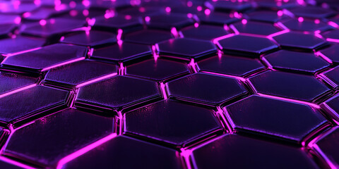 Fototapeta premium The image shows a close-up of a hexagonal pattern with a glossy, reflective surface, illuminated in vibrant purple light