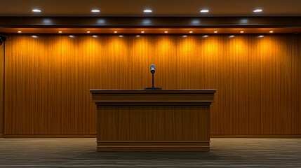 A professional podium featuring a built-in microphone, isolated in the center of a clean background, ideal for showcasing speaking events or lectures.