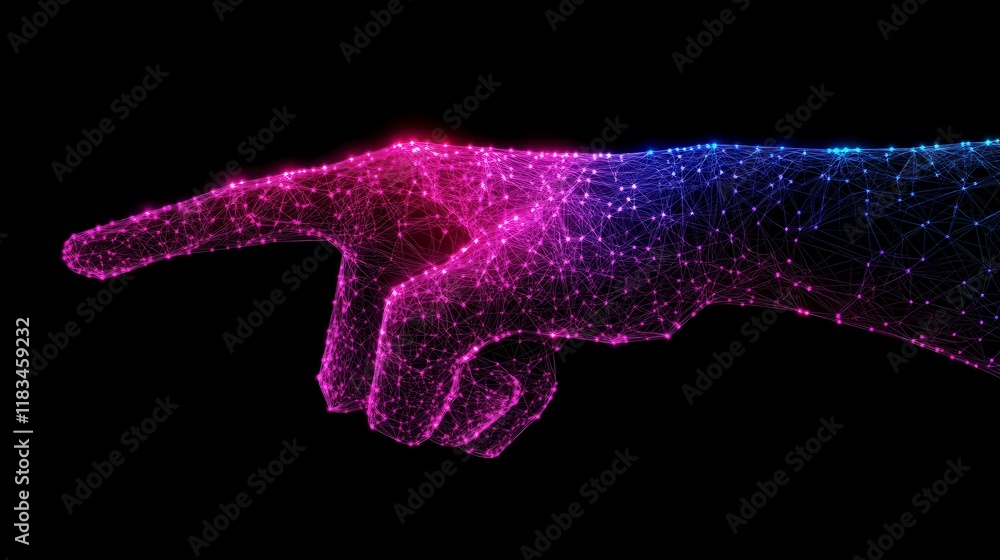 Poster stylized digital representation of a human hand pointing, composed of luminous interconnected nodes 