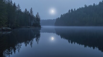 Moonlit lake, misty forest, serene reflection, tranquil night, nature scene