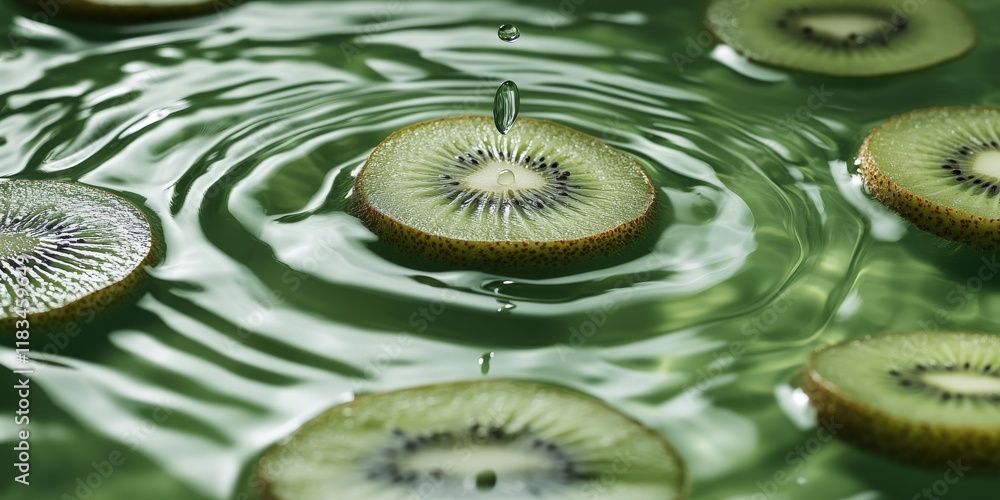 Poster kiwi slices rest on the surface of vibrant green water gel, creating ripples and shadows. the kiwi s