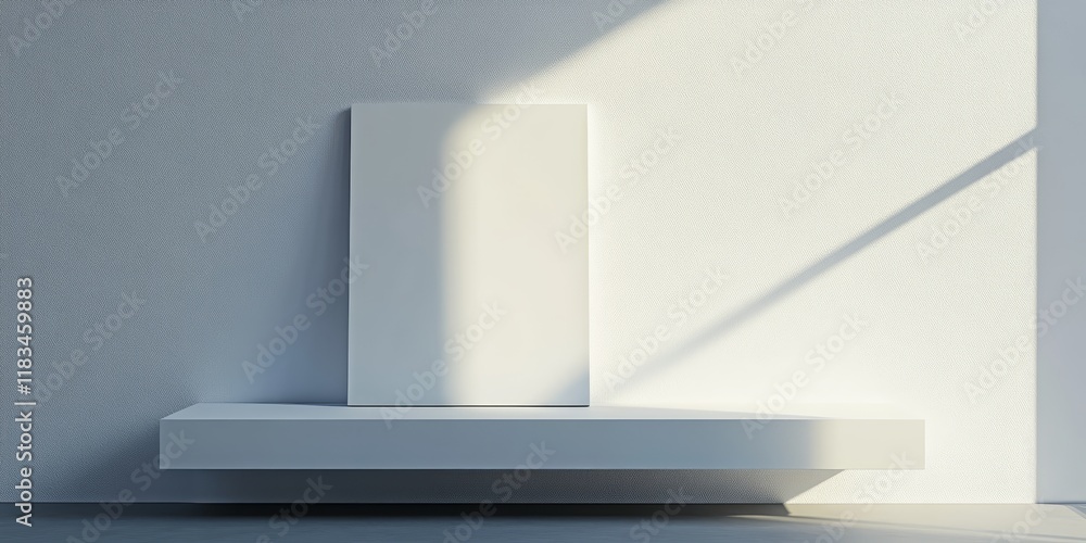 Poster a simplified room features a blank canvas resting on a shelf, complemented by a tidy white wall that