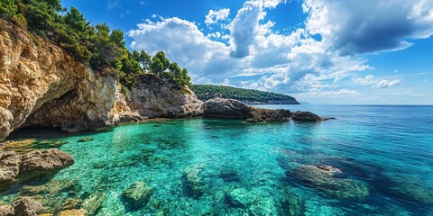 Naklejka premium Pristine crystal clear waters offer a breathtaking view along the stunning coastline, known for its vibrant emerald hues and captivating natural beauty, inviting exploration and relaxation.