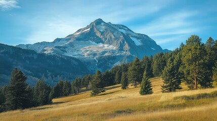 Obraz premium Snow capped mountains surrounded by lush green pine trees 