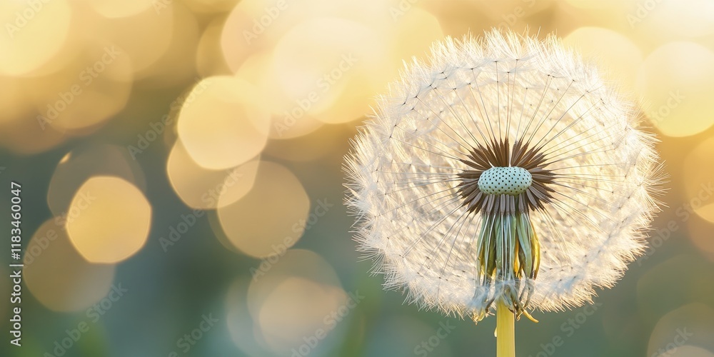 Poster Dandelion head in full seed against a softly blurred field backdrop, showcasing the delicate beauty of the dandelion head and its intricate seed structure in a serene setting.