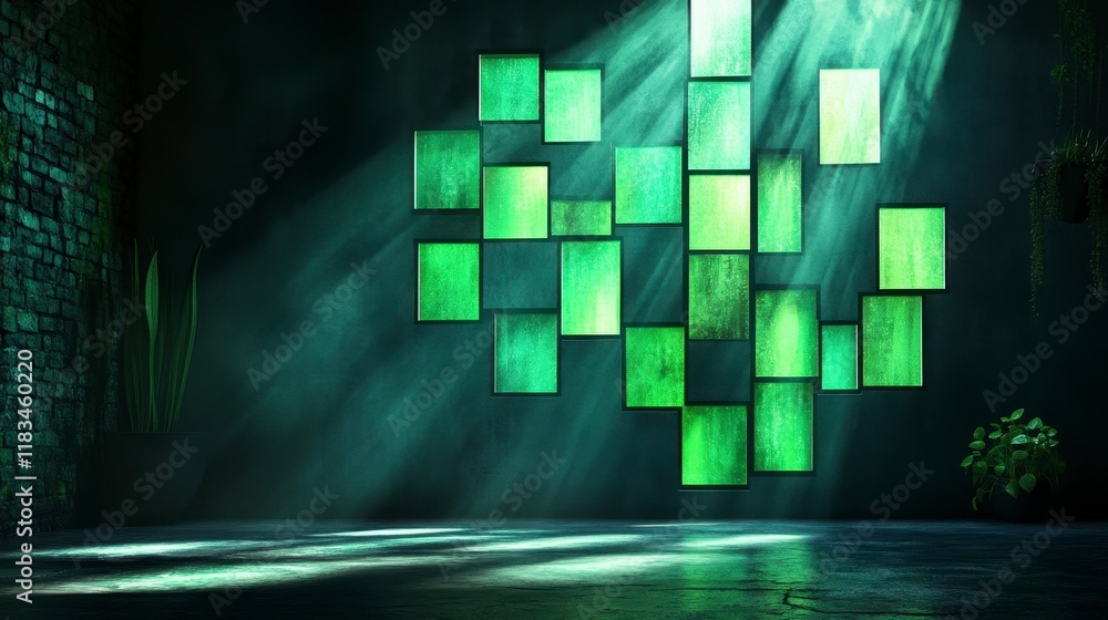 Poster a modern artistic display with green illuminated frames showcasing a vibrant interplay of light and 