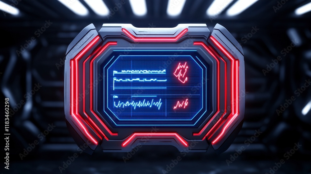 Poster futuristic digital display panel showcasing data analysis in a sleek sci-fi environment with neon ac